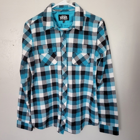 Vans Boys Large Long Sleeve Button Up Shirt Blue Black White Plaid Check Top - Picture 1 of 7